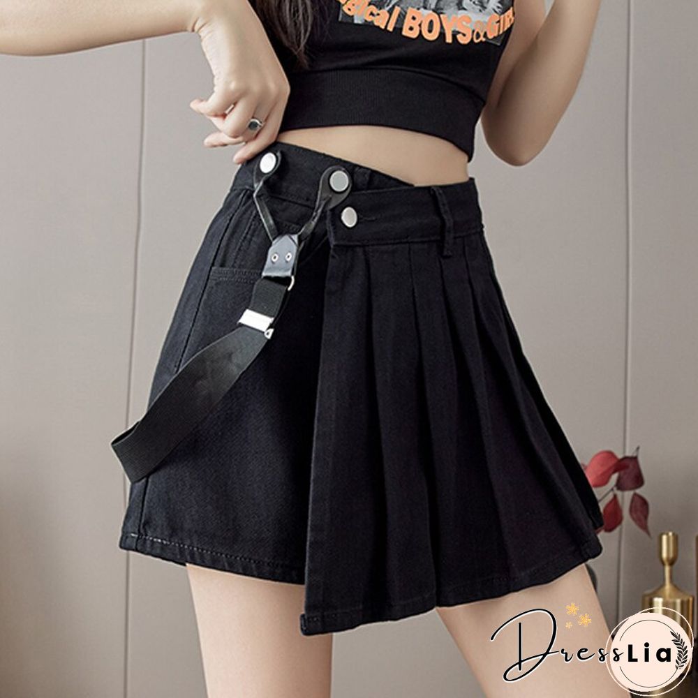 Summer Korean Fashion Design Shoulder Strap Pleated Skirt Women High Waist A Line Mini Skirts All Match Casual Skirts New