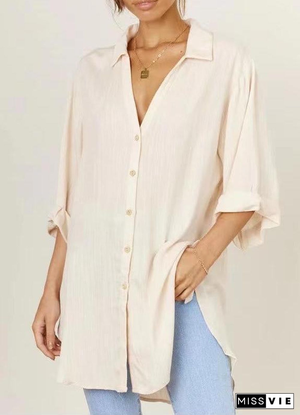 Fashion New Women's Polo Shirt Side Tie Seven-point Trumpet Sleeve Casual Solid Color Cotton And Linen Long Shirt