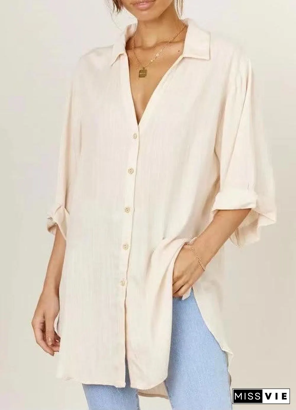 Fashion New Women's Polo Shirt Side Tie Seven-point Trumpet Sleeve Casual Solid Color Cotton And Linen Long Shirt