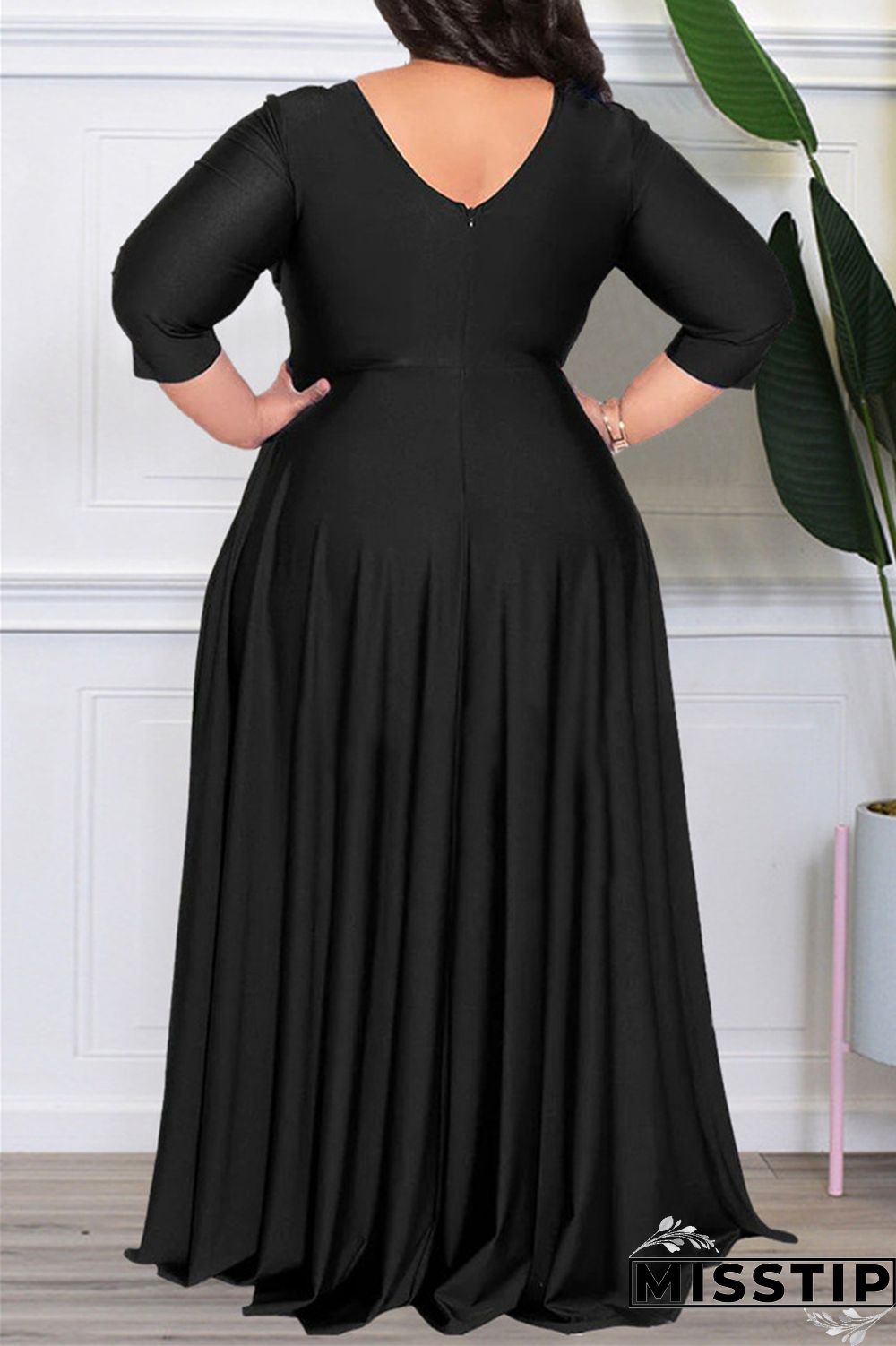 Dark Purple Casual Solid Patchwork V Neck Long Sleeve Plus Size Dresses