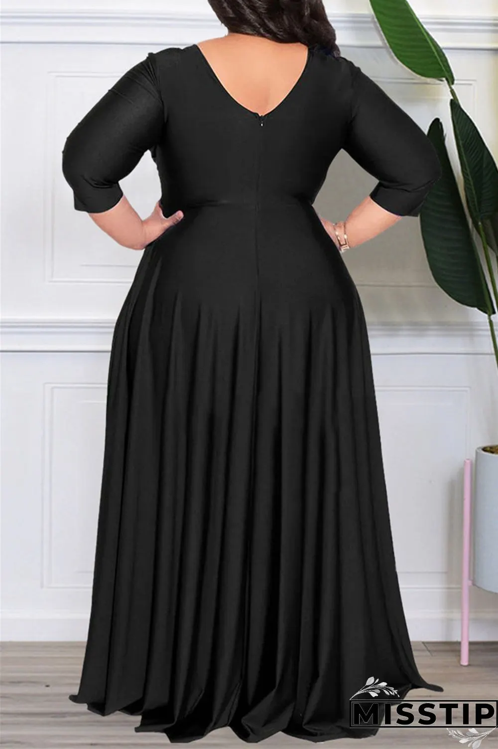 Dark Purple Casual Solid Patchwork V Neck Long Sleeve Plus Size Dresses
