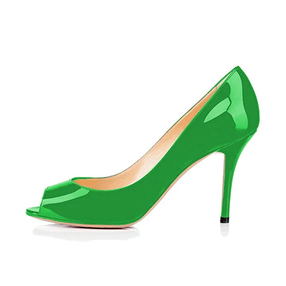 Lime Green Patent Leather Office Peep Toe Heels on Sale by VDCOO Vdcoo