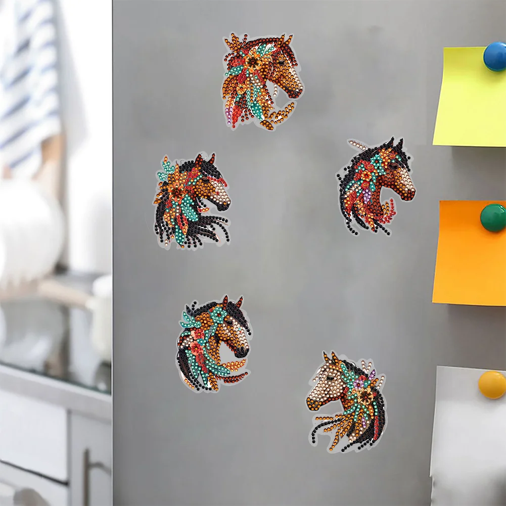  6 Pcs Long Haired Horse Diamond Painting Cartoon Fridge Magnetic Stickers