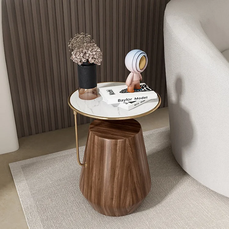 Homemys Walnut Round Side Table with Stainless Steel Top