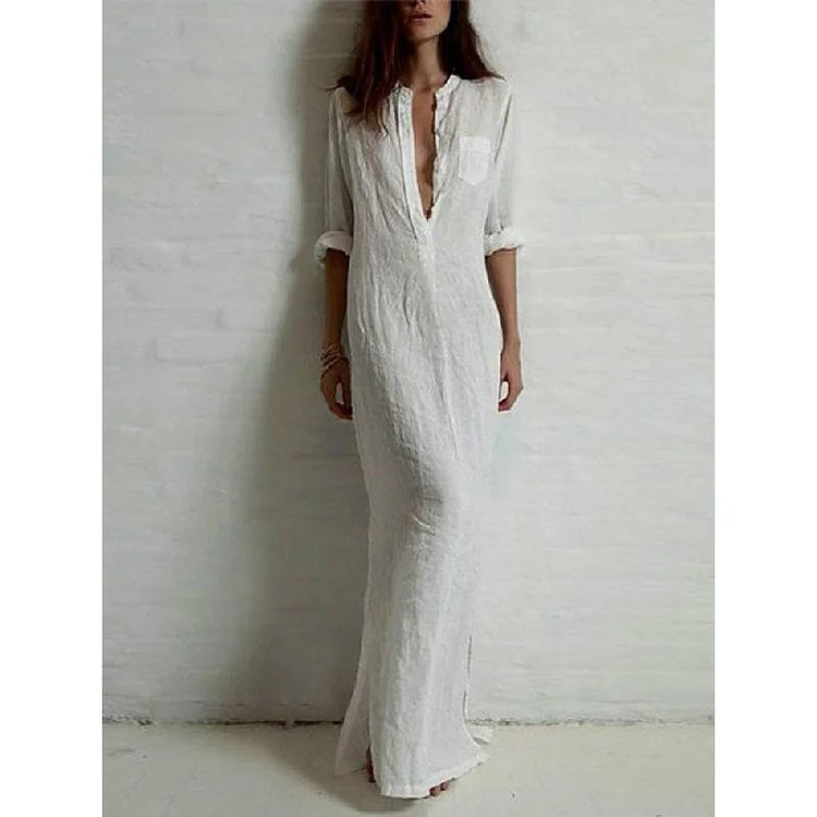 Simple Cotton Linen Solid Color Short Sleeve V-Neck Maxi Dress - yankia