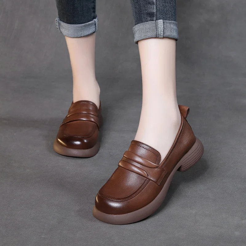 Yyvonne Layer Of Cowhise Small Leather Shoes Autumn New Hand Leather Women's Shoes Flat Sole Soft Soles One Foot Single Shoes