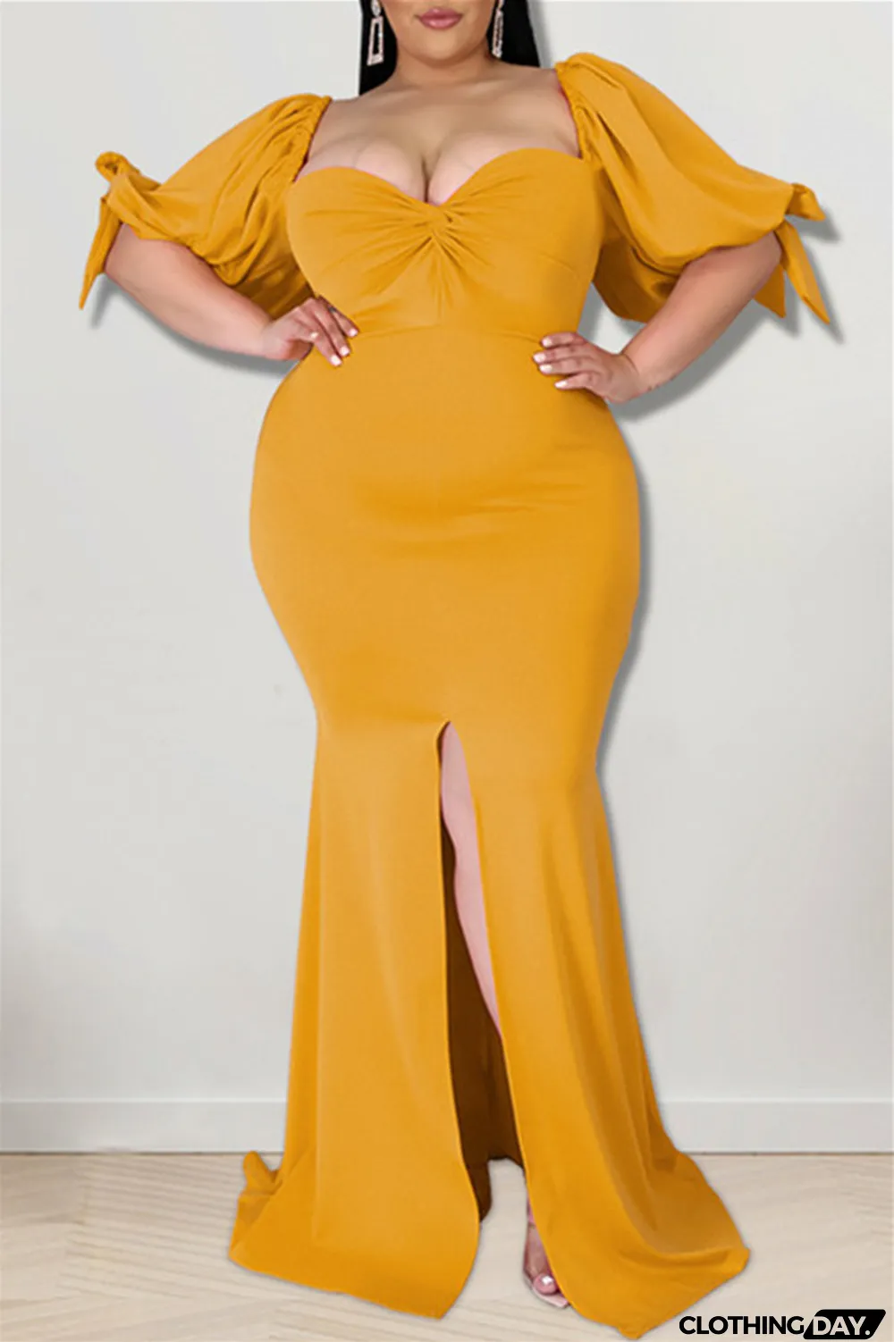 Yellow Fashion Sexy Plus Size Solid Backless Slit Square Collar Evening Dress