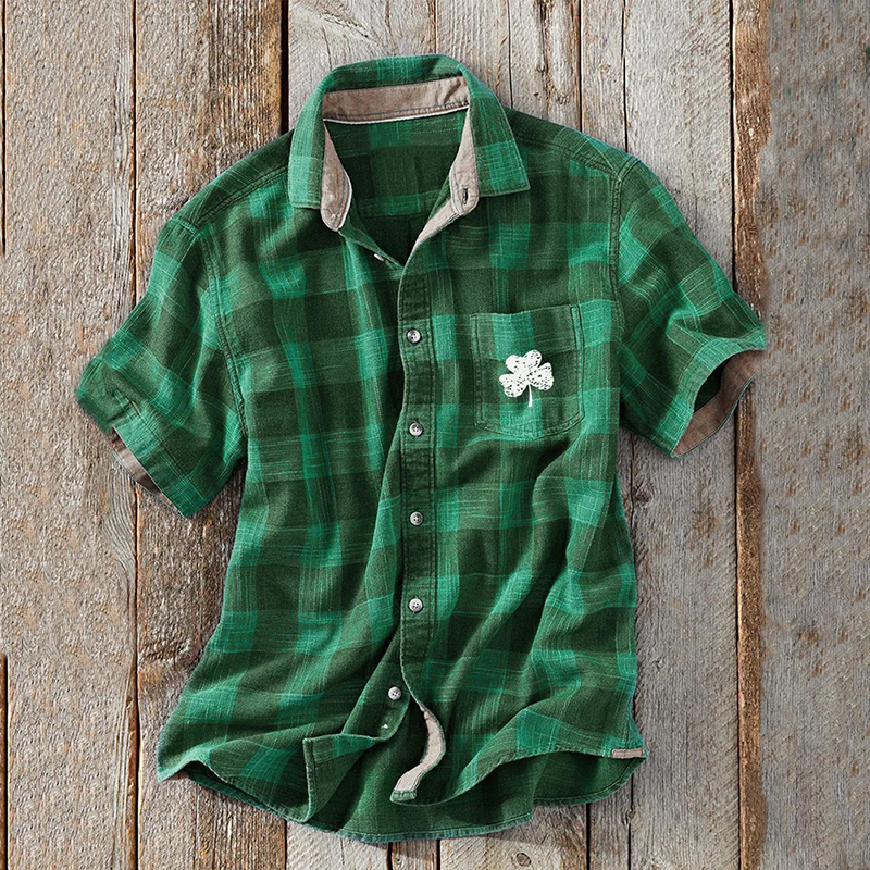 Comstylish Men's St. Patrick's Day Plaid Trefoil Short Sleeve Casual Shirt