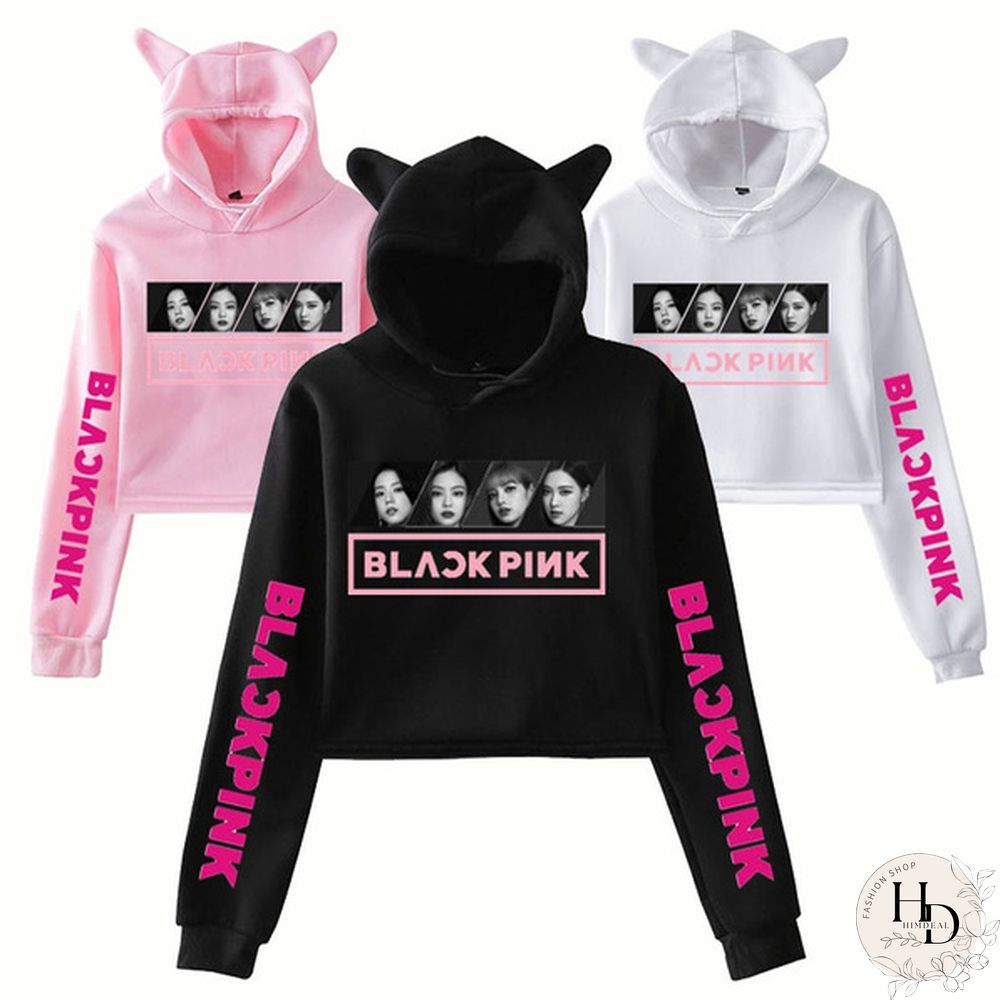 Women's Exposed Umbilical Short Sleeve Kpop Blackpink Lisa Jennie Rose Jisoo Print Hoodies Sweatshirt Cat Ear Crop Tops Pullover