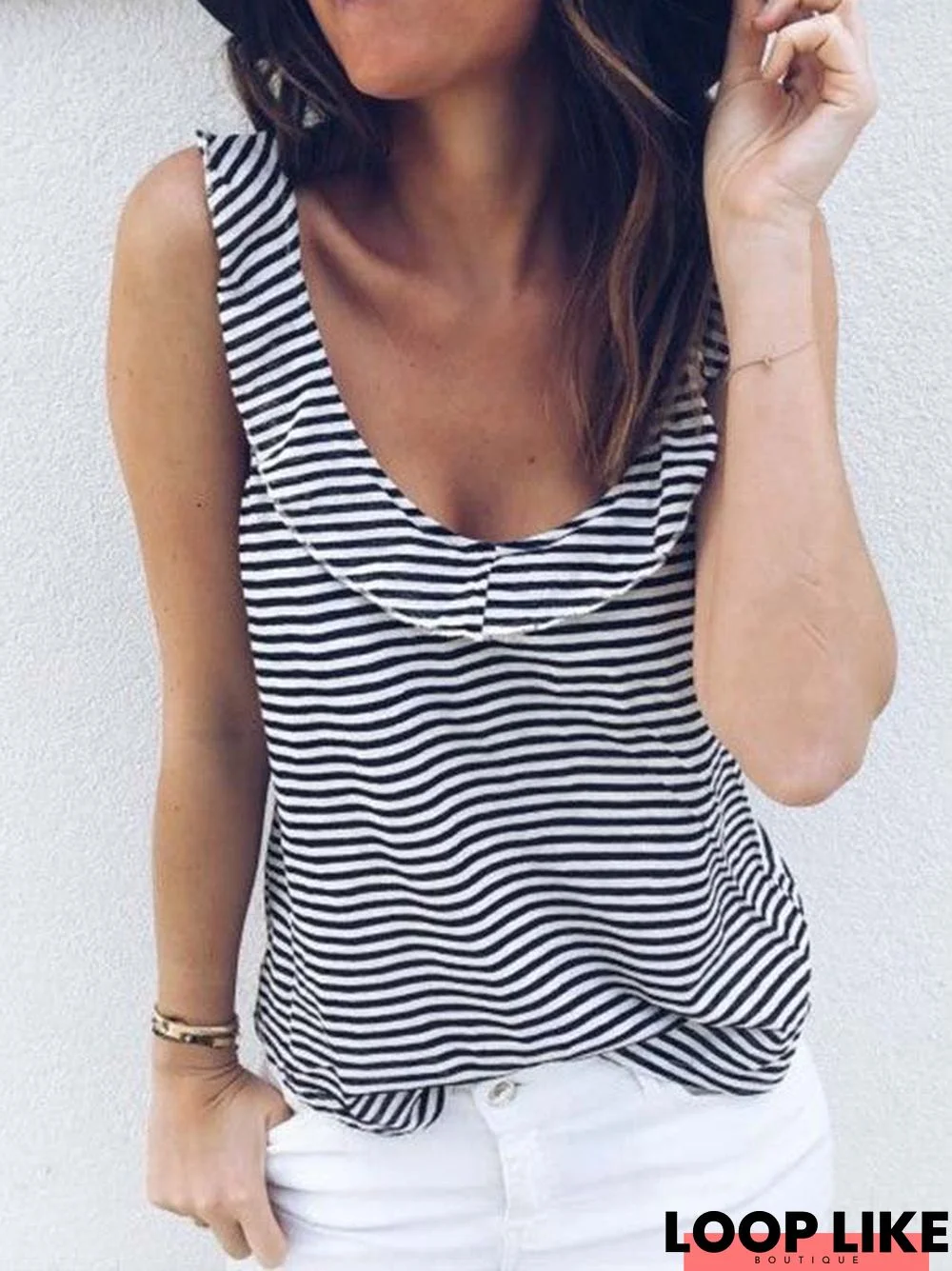 Cotton-Blend Sleeveless Striped Shirts & Tops