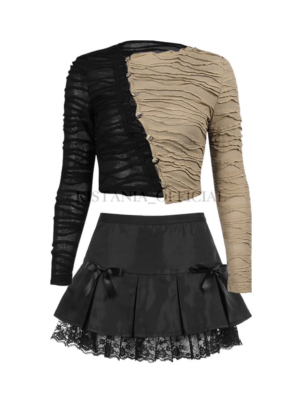 Buttoned Gathered Crop Top + Lace Pleated Bow-knot Black Skirt 2-piece Sets