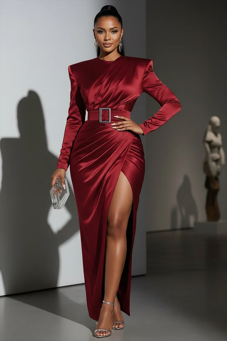 Shoulder Padded Wrinkle Overlap Slit Party Maxi Dresses-Green