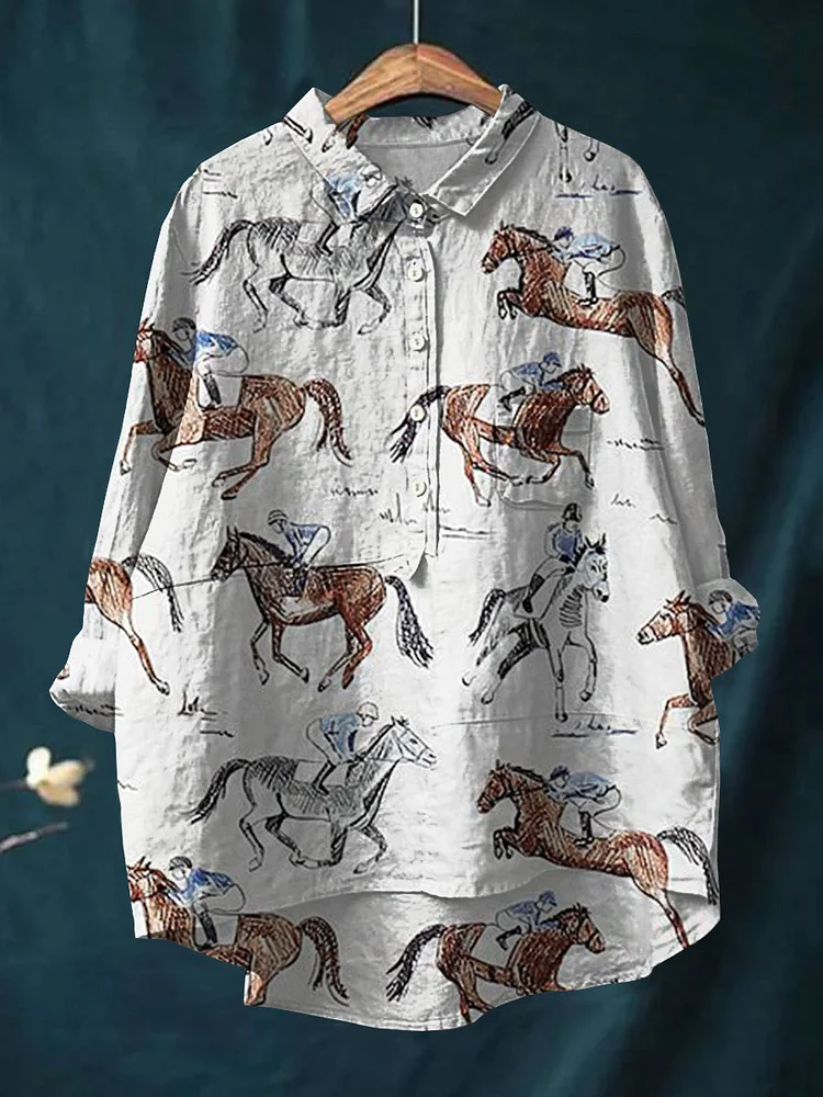 Women's Horse Art Print Casual Cotton and Linen Top