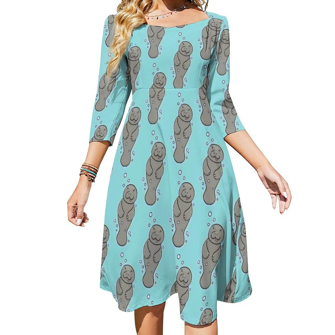 Cute Baby Manatee With Bubbles Illustration Dress Sweetheart Tie Back Flared 3/4 Sleeve Midi Dresses