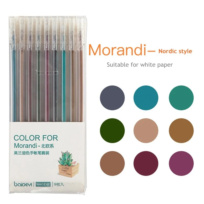 9Pcs/set Cute Morandi Color Pen 0.5mm Refills Rod Kawaii Painting Journal Pen for Student School Office Supplies Stationery