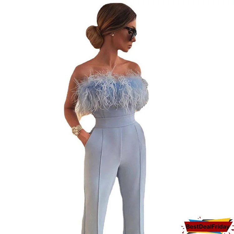 Women's Feather Tube Top Solid Color Pants One Shoulder Off Back Sexy Jumpsuit
