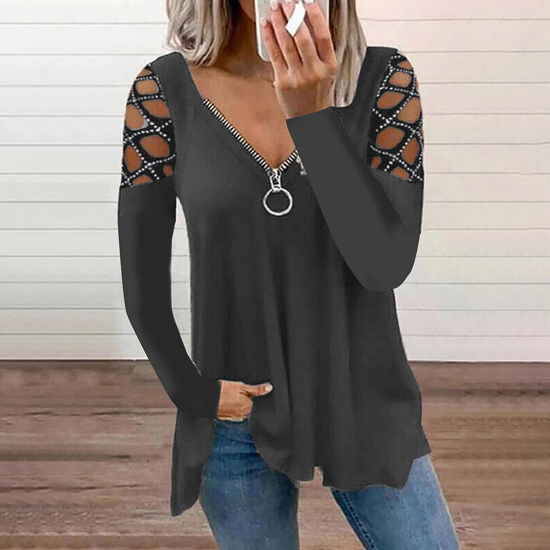 V-neck solid color hollow sleeve hot diamond casual top