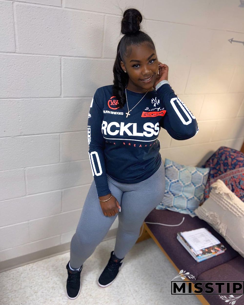 Hot Style Printed Round Neck Long Sleeve Plus Size Blouse