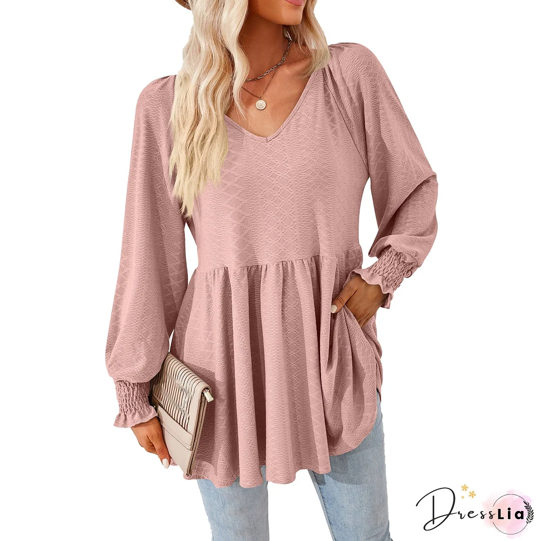 V Neck Polka Dots Long Sleeve Holiday Blouses