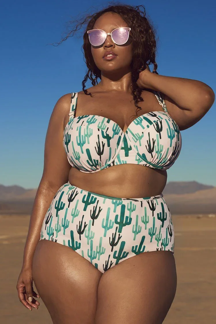 Plus Size High Waist Cactus Underwire Bandeau Bikini Swimsuit - Two Piece Set