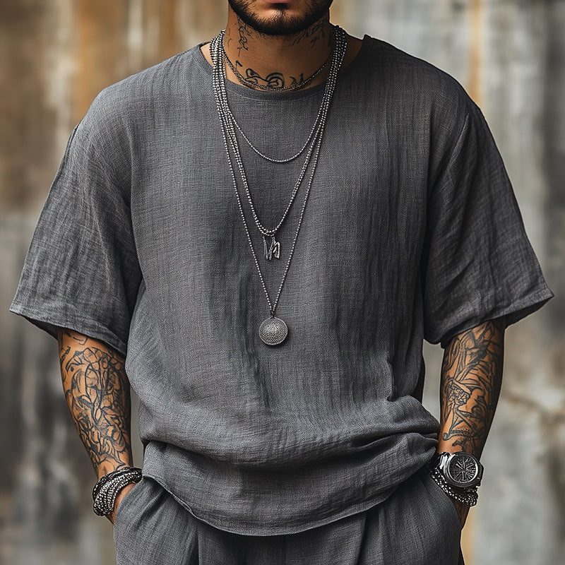Men's Solid Color Linen Breathable Short-Sleeved T-Shirt