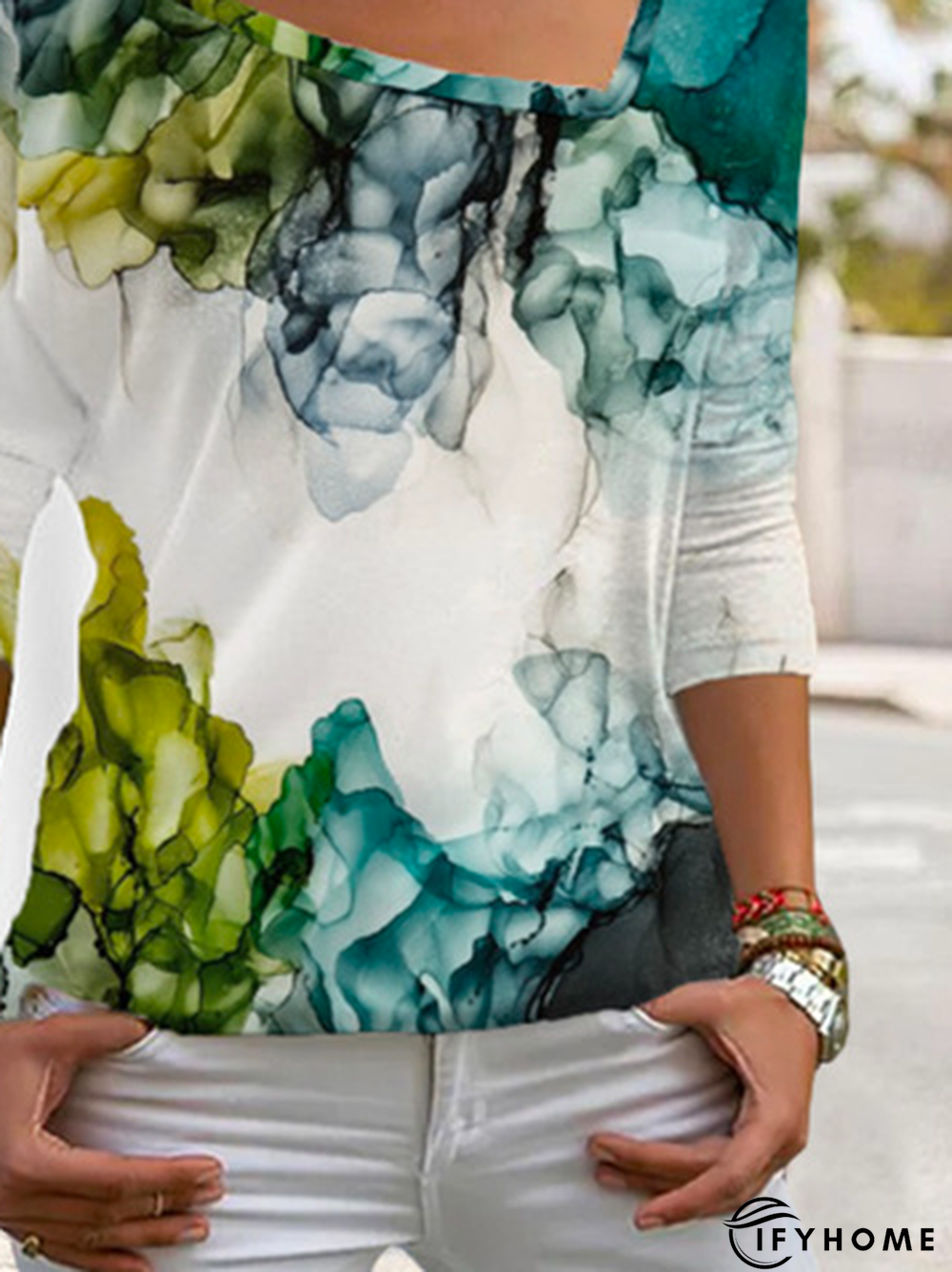 Random Print Loose Casual V Neck T-Shirt | IFYHOME