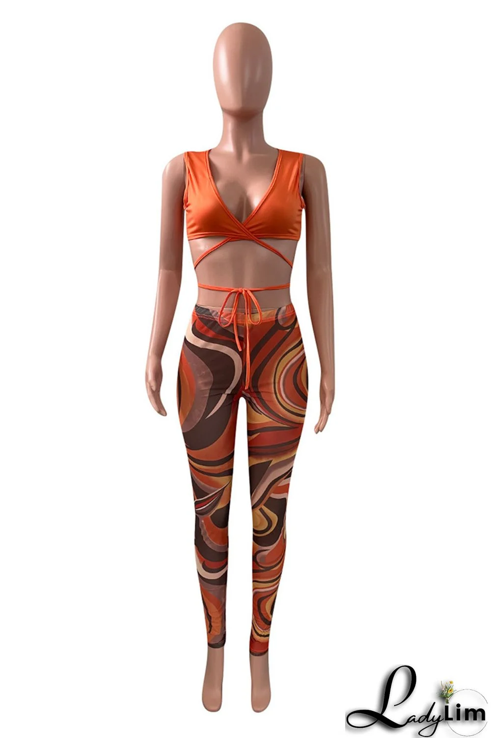 Orange Fashion Sexy Print Bandage V Neck Sleeveless Two Pieces