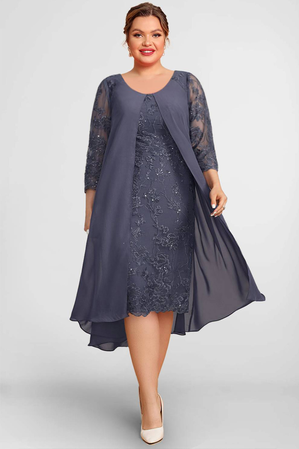 Flycurvy Plus Size Mother Of The Bride Dark Gray Sequined Lace 3/4 Sleeve 2 in 1 Tea-Length Dress