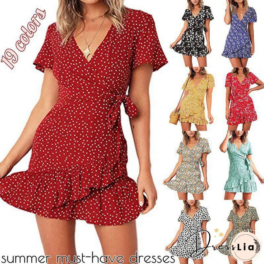 Women's Summer Short Sleeve Print Dress Wrap V Neck Polka Dot Print Ruffle Short Sleeve Mini Floral Dress Casual Short Dresses with Belt