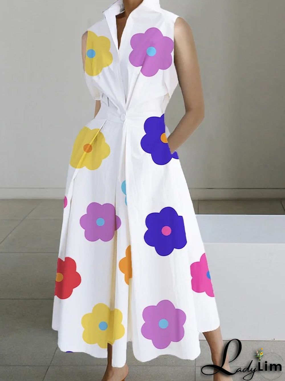 Summer Career Fashion Polka Dot V Neck Ladies Button Mermaid Dress