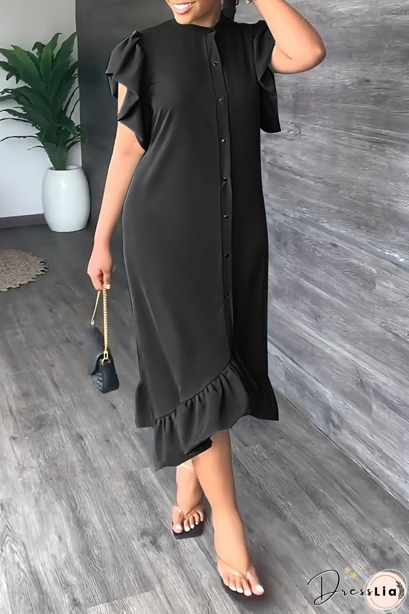 Ruffle Solid Color Casual Midi Dress