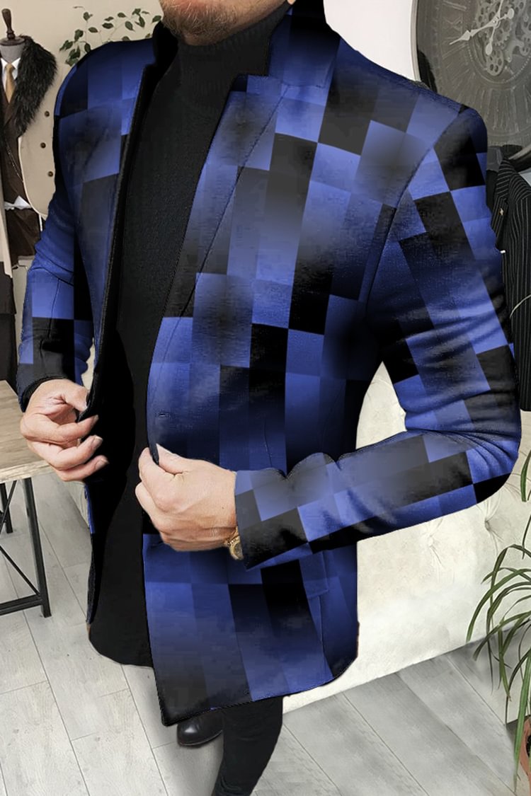 Tiboyz Men's Geometric Color Blocking Mid Length Tweed Coat