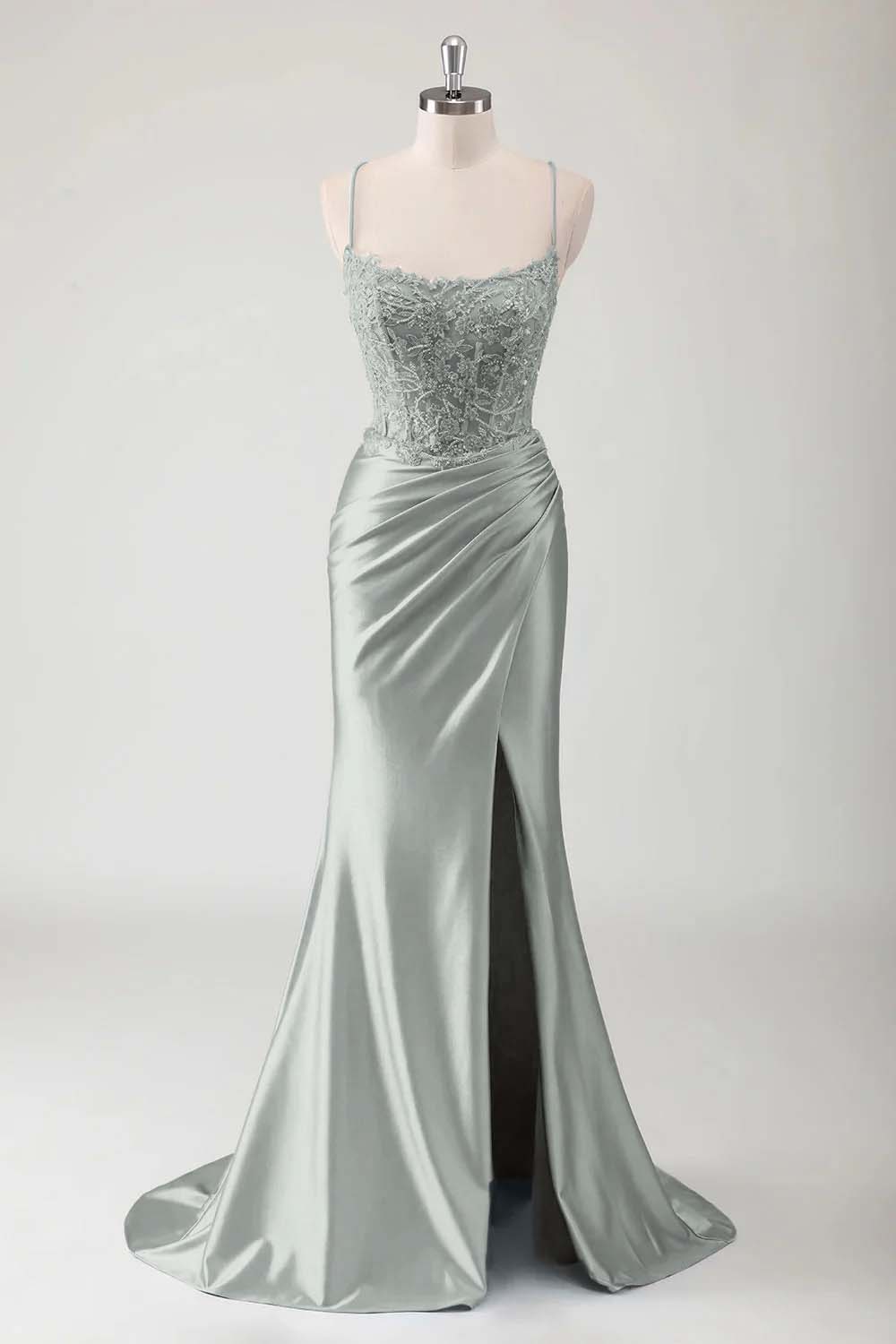 Hidais Spaghetti Strap Sleeveless Long High Split Prom Dress With Appliques