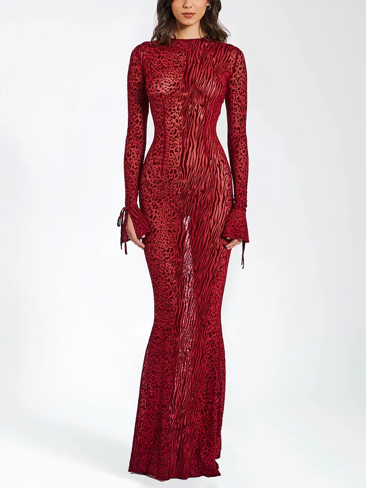 Exquisite Leopard Velvet Mesh Halter Maxi Dress