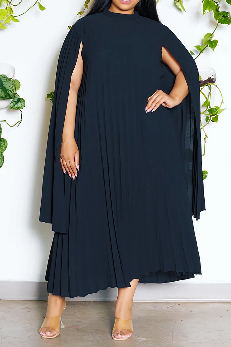 Plus Size Semi Formal Dress Black Pleated Split Mock Neck Cape Sleeve Maxi Dress 