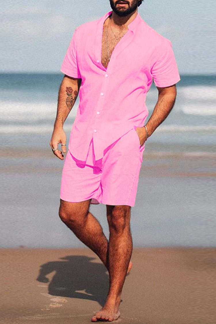 Tiboyz Men's Outfits Solid Color Short Sleeve Shirt Beach Set