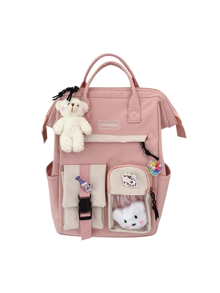 Women Fashion Contrast Color Backpack Travel School Large Knapsack (Rose Gold)