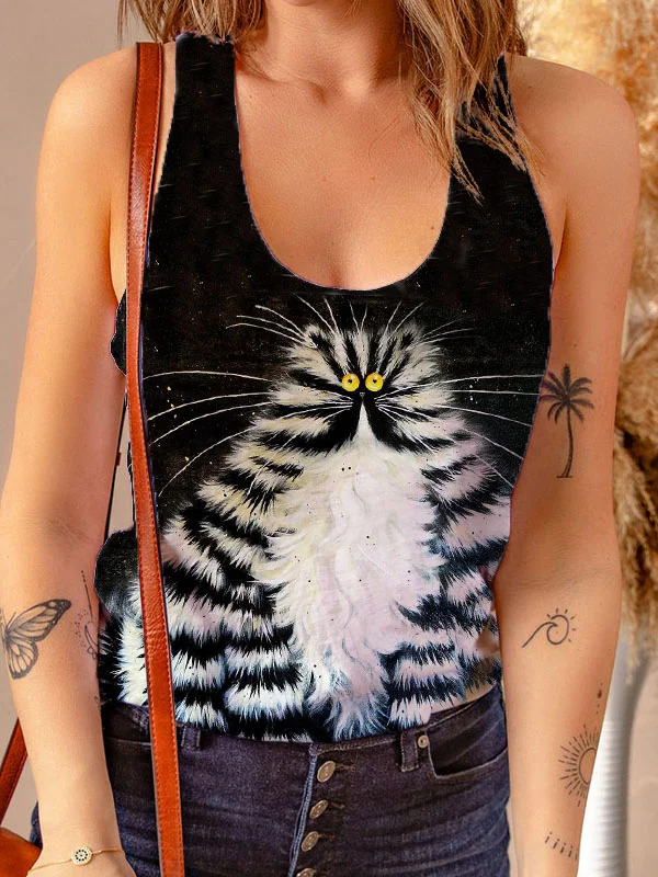 Furry Cat Printed Tank Top