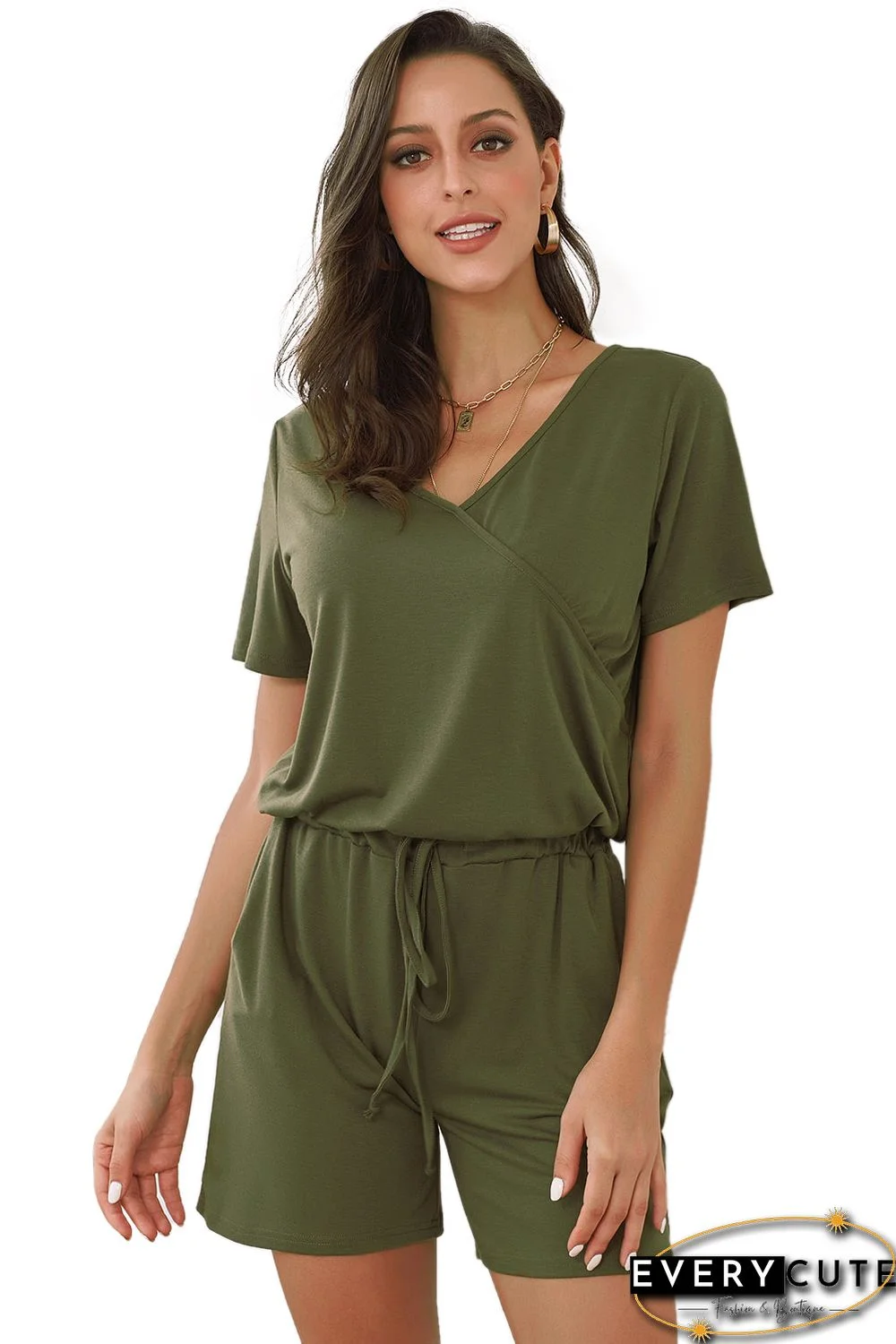 Green Casual Loose Short Sleeve Romper with Pockets