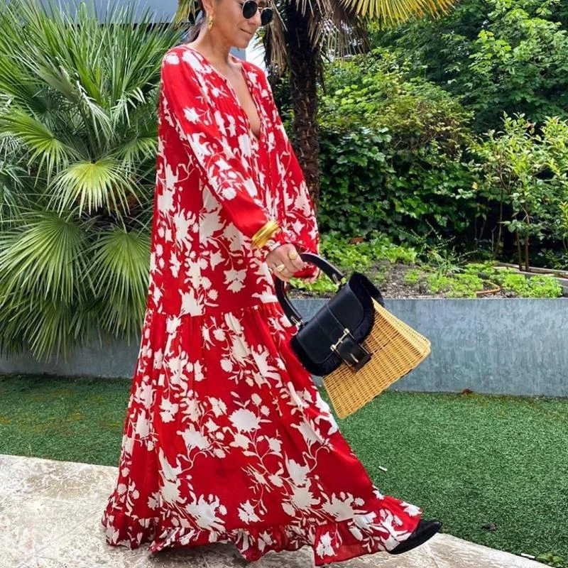 Uveng Uveng Spring And Summer New Dress Long Sleeve Print Large Swing Loose Leisure Chiffon Long Dress