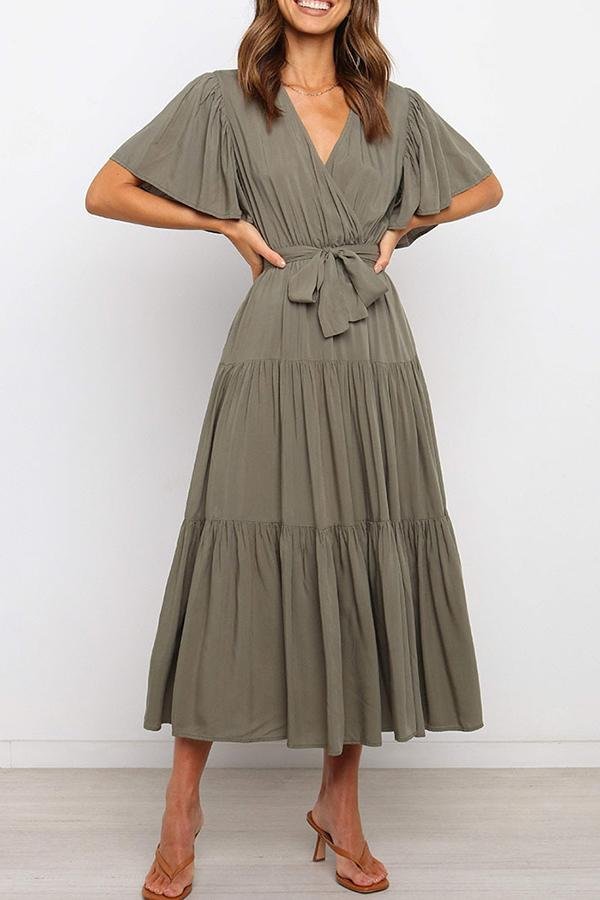 Ruffled Sleeve V-neck Tie Waist Maxi Dress