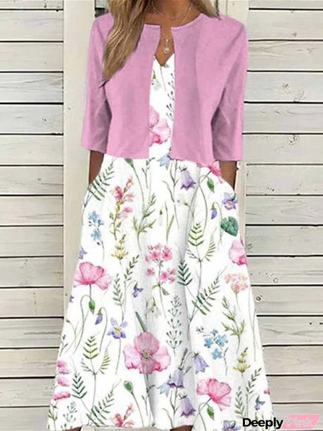 Women's Two Piece Dress Set Casual Dress Print Dress Outdoor Daily Fashion Elegant Pocket Print Midi Dress V Neck Half Sleeve Floral Regular Fit Pink Blue Summer Spring S M L XL XXL