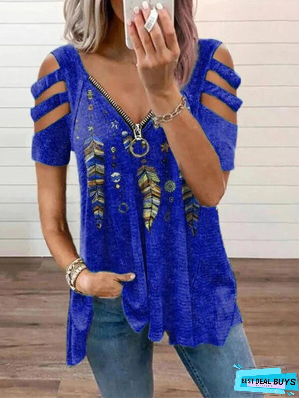 V-neck Zipper Pullover Printed Short Sleeve Loose T-shirt Women's Jacket