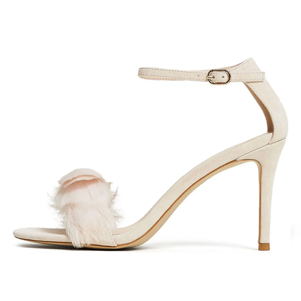 Ivory Ankle Strap Open Toe Stiletto Heeled Sandals with Feathers