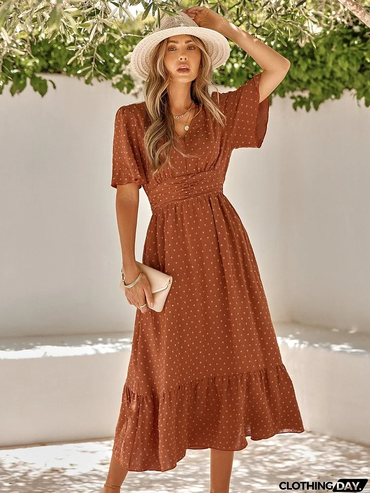 Swiss Dot V-Neck Ruffle Hem Dress