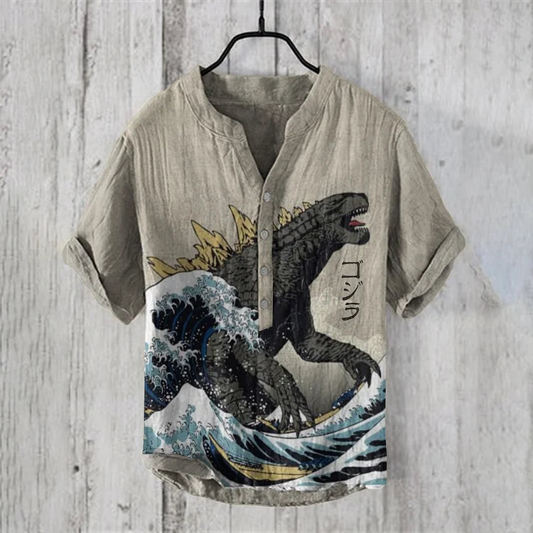 Retro Roar Godzilla Waves Art Linen Blend Shirt