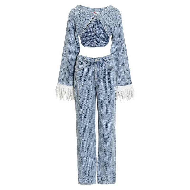 Ueong Denim Casual Blue Set For Women V Neck Patchwork Feather Tops Wide Leg Pants Female Sets Fashion New Spring 2022