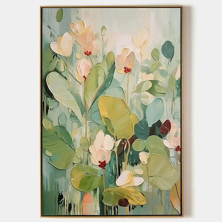 LUSH GARDEN: Textured Floral Painting, Green and White Wall Art, Vertical Canvas, Impressionist Decor（Canvas painting）