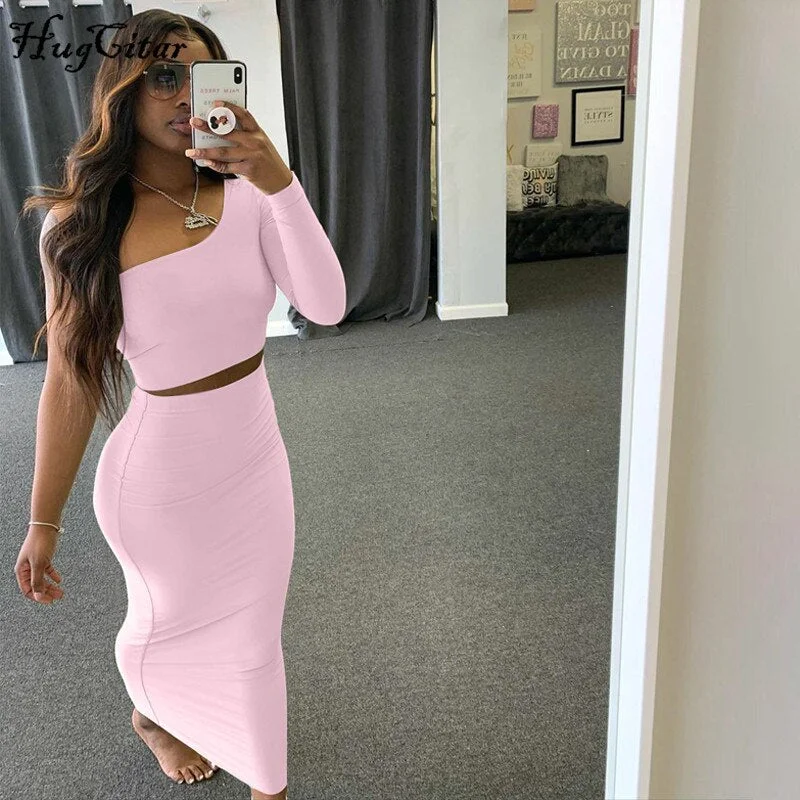 Hugcitar 2020 One-Shoulder Crop Top High Waist Skirt 2 Piece Set Autumn Winter Women Fashion Streetwear Outfits Tracksuit