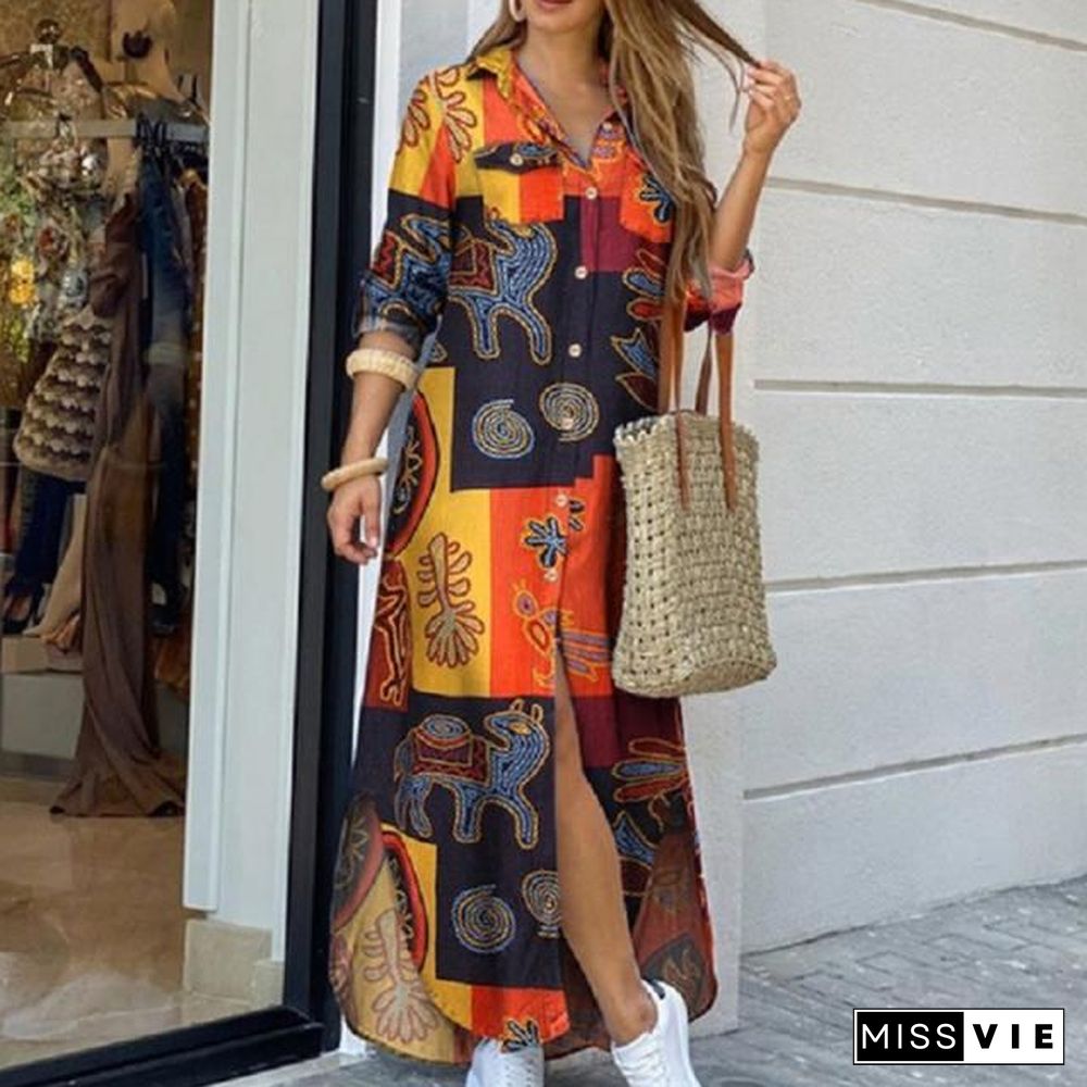 New Fashion Boho Dress Casual Loose Long Sleeve Chain Print Shirt Dress Long Dress Vestidos De Mujer